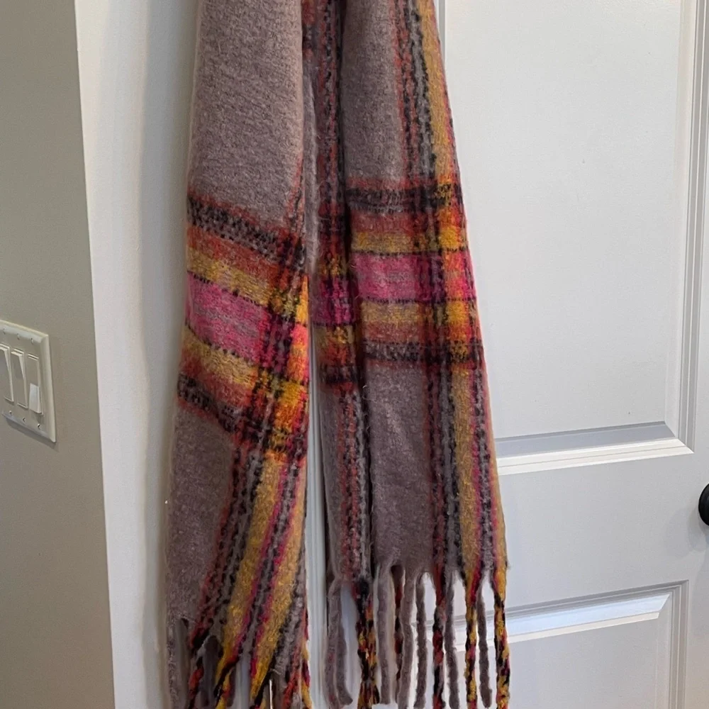 Grey pink and yellow plaid cozy scarf with tassels